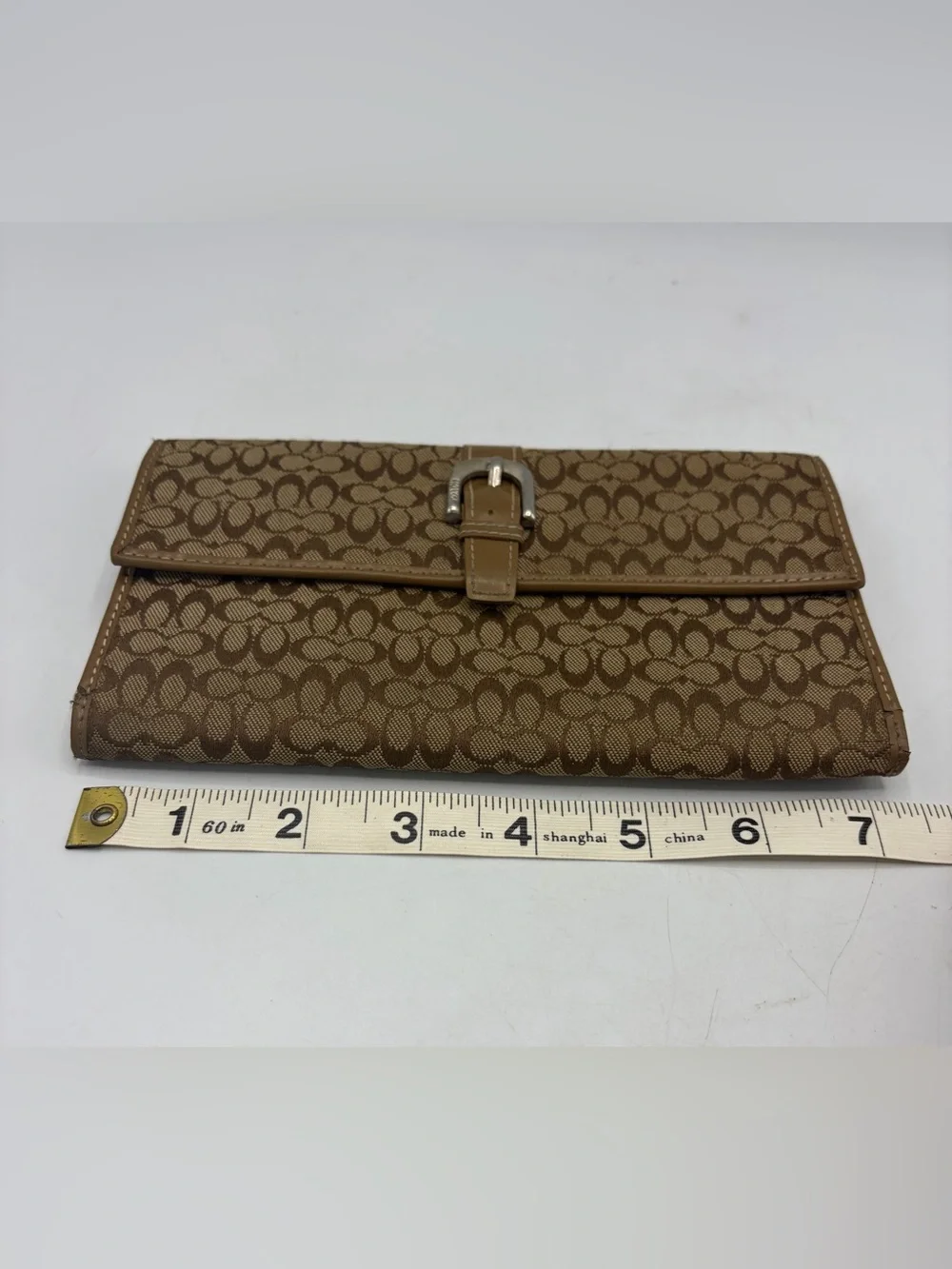 Coach Brown Signature Pattern Clutch Wallet with Buckle